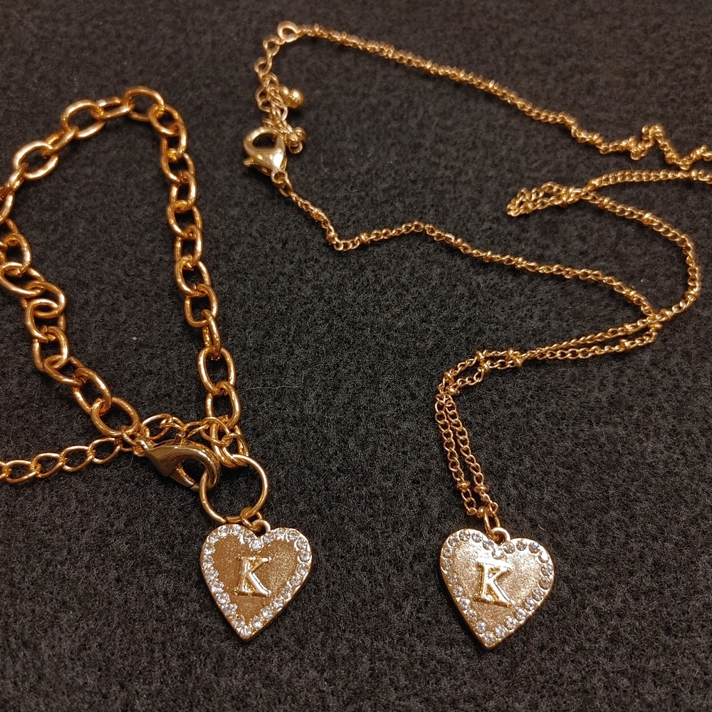 Initial K heart pendant and bracelet